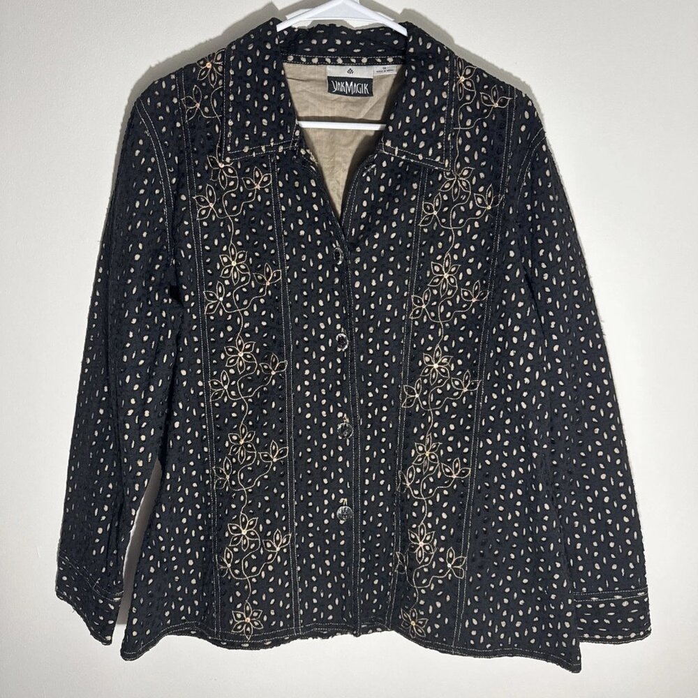 Yak Magik Vintage Eyelet Black Tan Lining Floral Sequins Embroidered 1X Jacket
